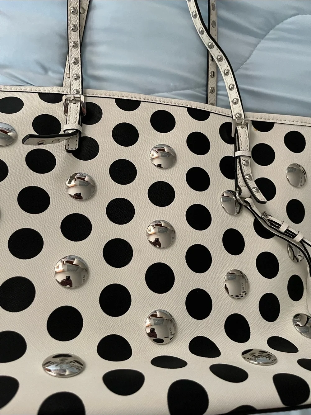 Michael Kors White and Black Polka Dot Tote with Silver Studs